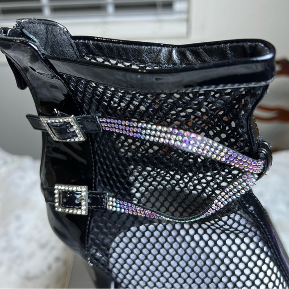 New Ellie Black 7” Fishnet Rhinestone Stiletto Platform Bootie Heels sz 10 - Picture 4 of 11